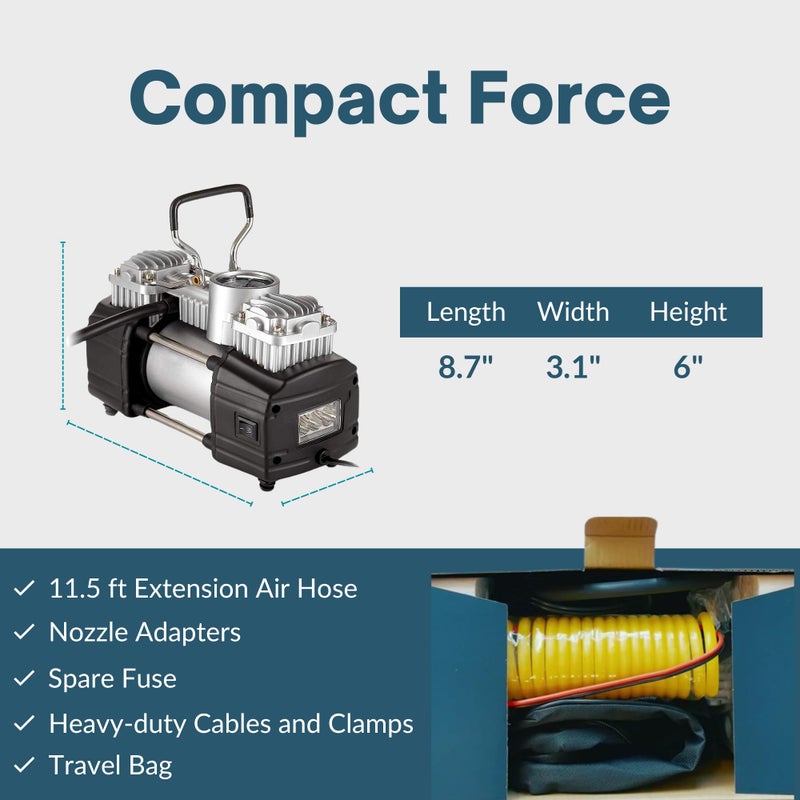 Asani 12V Air Compressor - Portable & Compact Tire Pump, 150 PSI Heavy-Duty Double Cylinder Tire Inflator with LED Flashlight, Ideal for SUVs, Off-Road, Trailer, Truck, Bike, Air Bed - Image 3